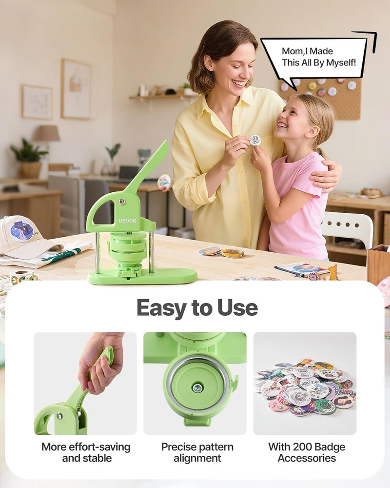 VEVOR Button Maker Machine, 1.25/2.25 inch 2-in-1, Plastic Pin Maker with 200 pcs Button Parts, Circle Cutter and Magic Book, Reinforced Ergonomic Handle, for DIY Badges, Personalized Pins, Green - Image 5